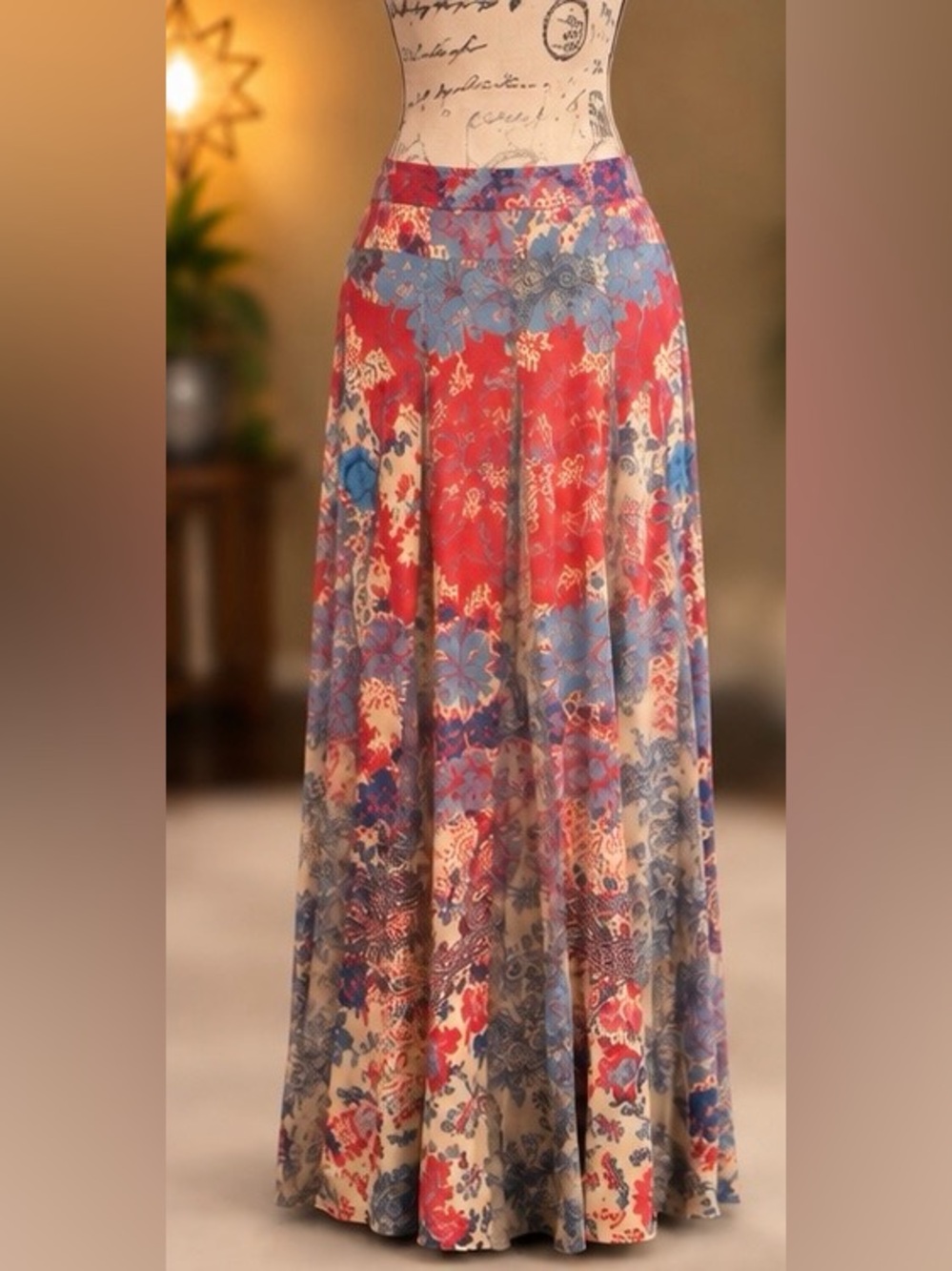 Hemant & Nandita Louvre Floral Maxi Skirt Anthropologie Red Blue S
